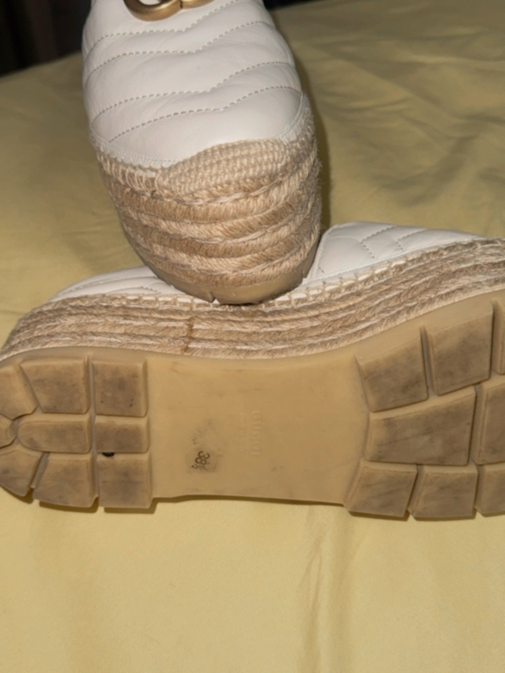 Gucci White Quilted Leather Espadrille Platform Wedge with Gold Hardware